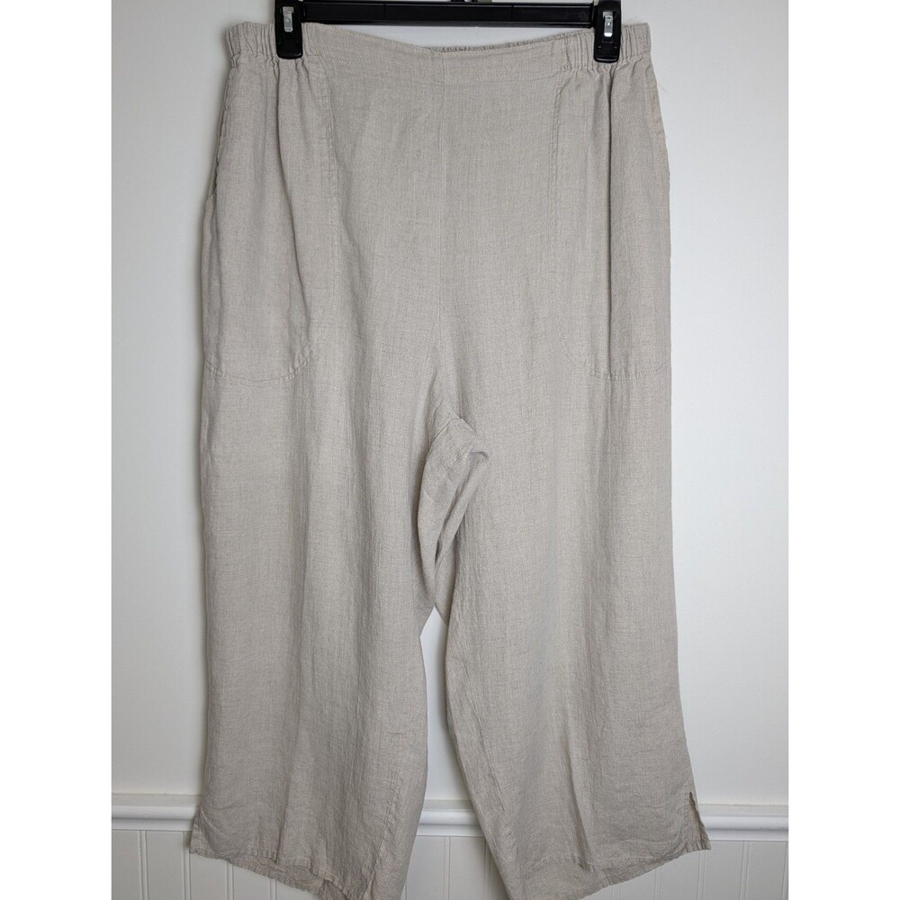 FLAX Pants Womens Beige 100% Linen Capri Wide Leg Elastic Waist Beach Size 1G